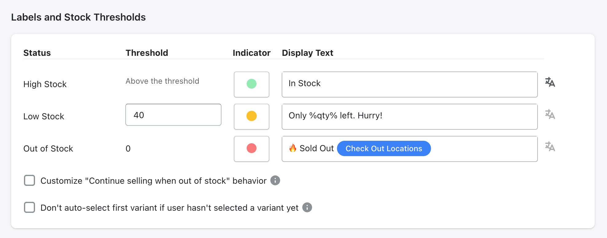 Admin panel with indicators selected for each stock status